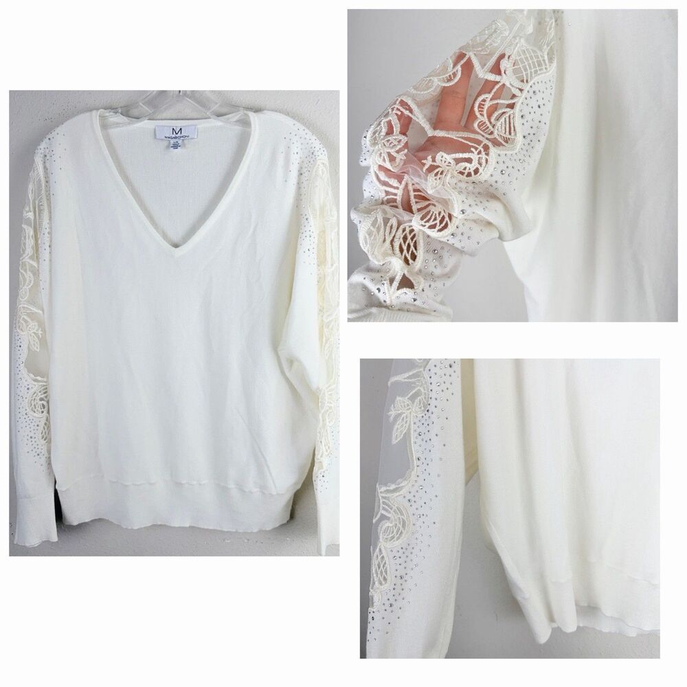 Magaschoni Large V Neck Knit Mixed Media Lace Rhinestone Embellished Sleeve